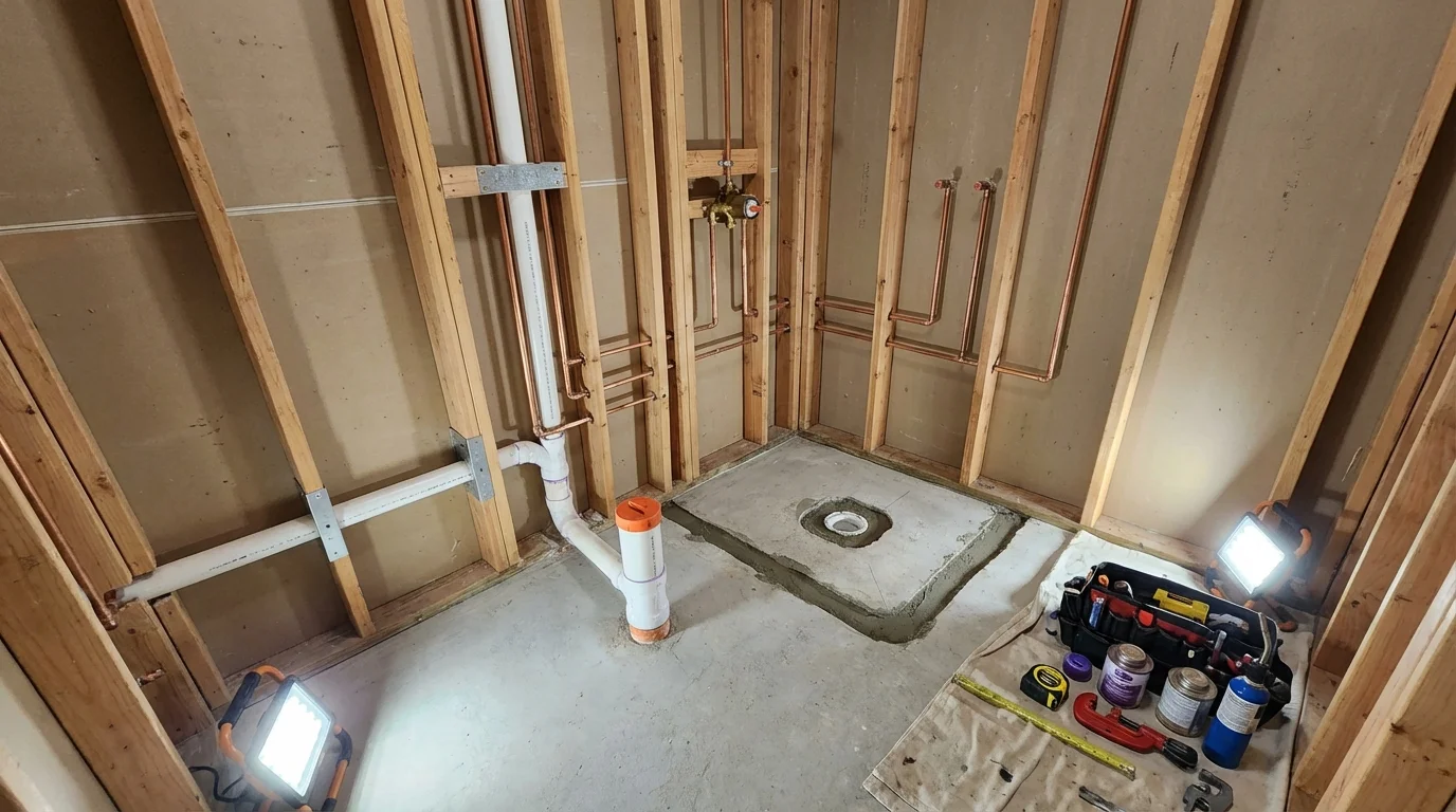 Bathroom rough-in plumbing during remodel by Johns Plumbing LLC in Port Allen