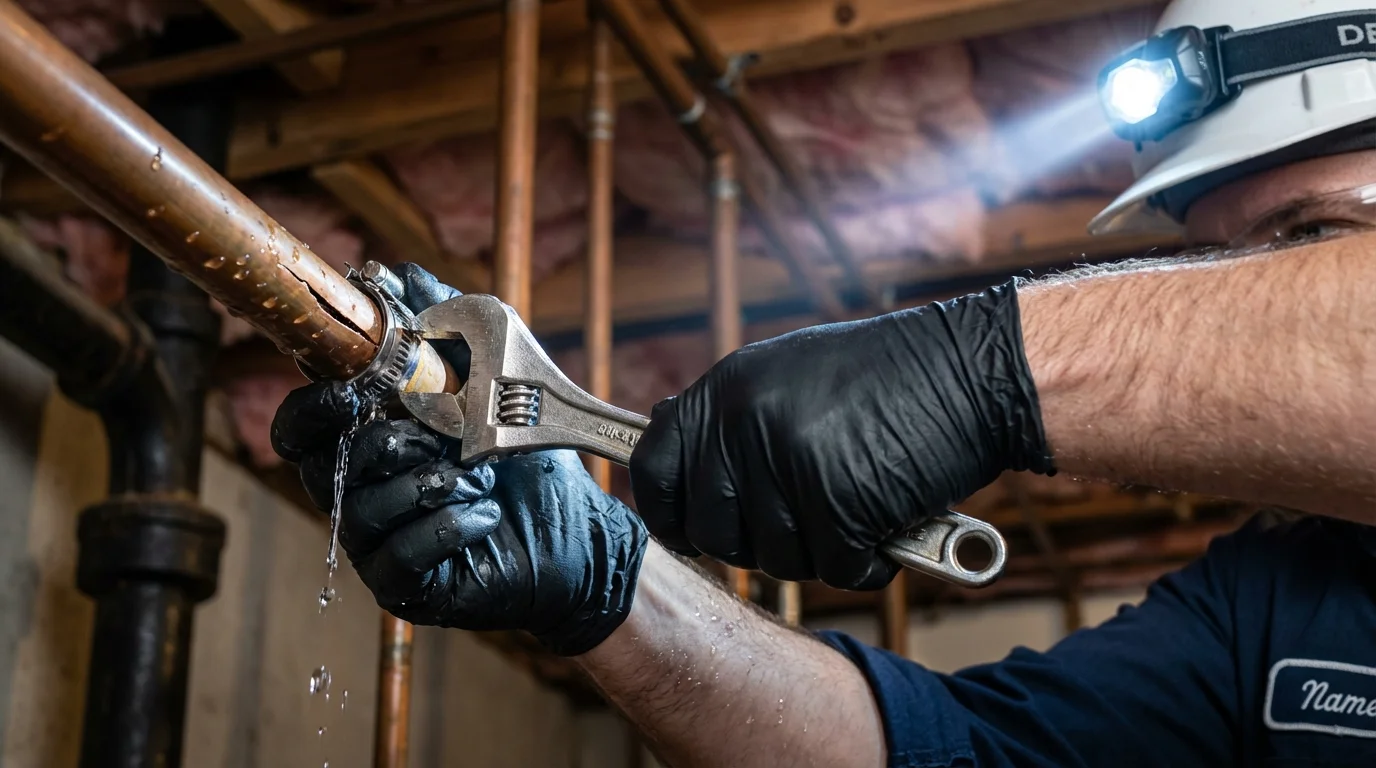 Emergency pipe clamp repair being performed by a Johns Plumbing LLC plumber in Port Allen