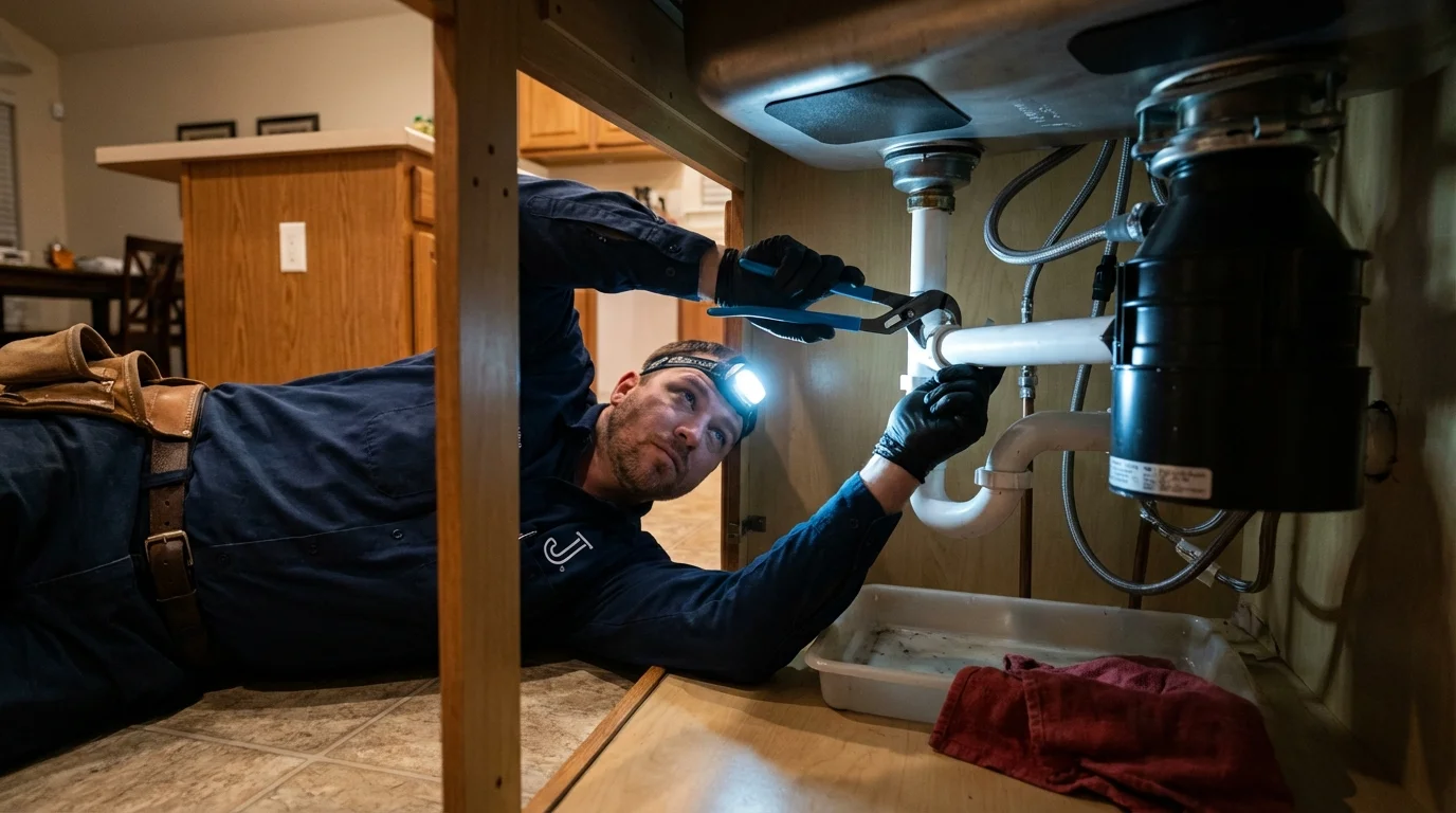 P-trap and supply line connections under a kitchen sink showing a common leak point in Port Allen, LA